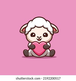 Sheep Sitting Love Cute Creative Kawaii Cartoon Mascot Logo