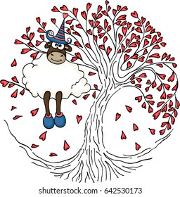 Sheep sitting in the love tree
