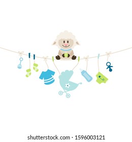 Sheep Sitting On String Curve With Hanging Baby Icons Boy