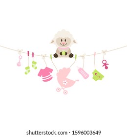 Sheep Sitting On String Curve With Hanging Baby Icons Girl