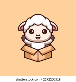 Oveja sentada desde una caja con el logo creativo de la mascota Kawaii