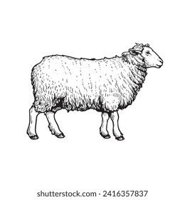 Sheep sketch style, hand drawn illustration. Side view. Farm animal retro engraved style vector drawing.