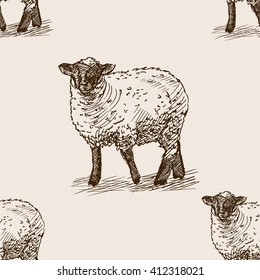 Sheep sketch style seamless pattern vector illustration. Old engraving imitation. 