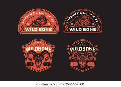 sheep skull with horn western vintage badge logo design. retro bighorn goat skull illustration. set of texas ranch elements. cowboy native american emblem collection. set of wild west for adventure