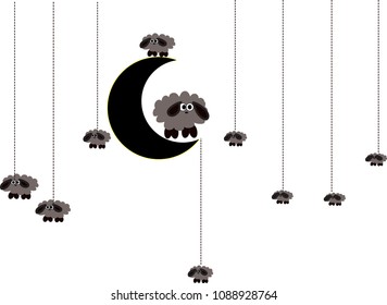 Sheep in the sky at night, insomnia concept,Counting the cute sheep in the night sky to fall asleep.