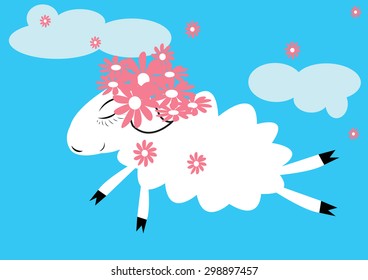 Sheep in the sky with a wreath of pink flowers on her head