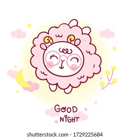 Sheep sleep cartoon and moon vector. Series: Magic sleeping time sweet dream pastel color, Kawaii animals girly doodles cute farm zoo, Nursery decoration Illustration. Perfect for kids greeting card.