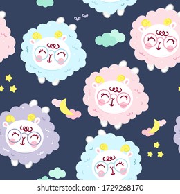 Sheep sleep seamless patterns cartoon and moon vector. Kawaii animals girly doodles cute farm zoo Illustration. 