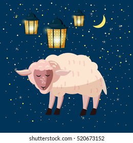 Sheep sleeping, lights, stars, moon, Cartoon style, vector illustration