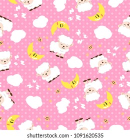 Sheep sleeping with moons, stars and clouds scatter, good dream seamless pattern pink concept abstract background vector illustration
