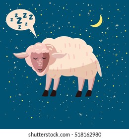 Sheep sleeping in the night sky, the stars, the moon, Cartoon style, vector illustration