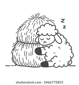 The sheep sleeps contentedly, hugging a straw, its favorite food. Hand drawing vector illustration in black outline on a white background.