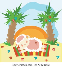 A sheep sleeps under a palm tree on a towel in the sand. Cartoon character