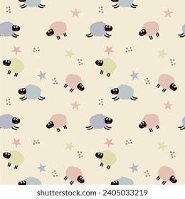 Sheep smile colorful cartoon so cute. On star background. Pattern seamless vector illustration. 