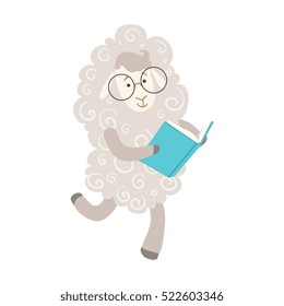 Sheep Smiling Bookworm Zoo Character Wearing Glasses And Reading A Book Cartoon Illustration Part Of Animals In Library Collection