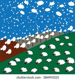 sheep and snowflakes in the mountains