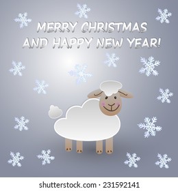 sheep and snowflakes on a grey background with new year and merry Christmas vector illustration