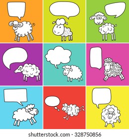 Sheep With Speech Bubble. Illustration cards with hand drawn lamb and bubble speech. You can put your own text on speech bubble or sign board. 