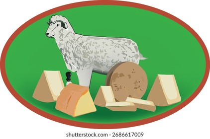 Ovinos de pé entre vários tipos de queijo, simbolizando produtos láteos de ovelha