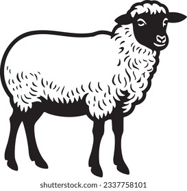 Sheep standing, Basic simple Minimalist vector graphic, isolated on white background, black and white