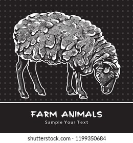 Sheep standing isolated on a black - vector graphic illustration.  Beautiful drawing portrait of a farm animal. Black and white picture is a design element and clip art. 