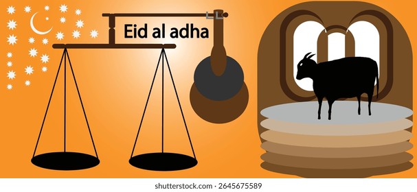 Ovejas de pie con la luna y la mezquita de fondo islámico, Eid ul Adha Mubarak background.eid al fitr adha Eid Mubarak con podio, ilustración	

