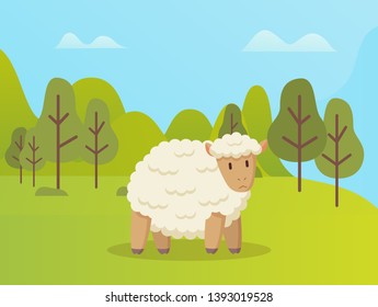 Sheep standing on green grass vector cartoon animal on background of green trees. Vector ewe in spring forest, cute curly childish mutton outdoors