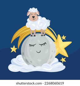 The sheep is standing on the whole moon which is sleeping on the clouds. Behind it the stars