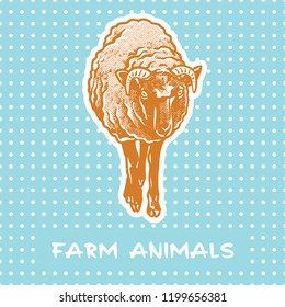 Sheep standing - vector graphic illustration. Beautiful drawing portrait of a farm animal. A picture in orange and turquoise colors is a design element and clip art. 