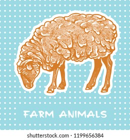 Sheep standing - vector graphic illustration. Beautiful drawing portrait of a farm animal. A picture in orange and turquoise colors is a design element and clip art. 