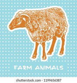 Sheep standing - vector graphic illustration. Beautiful drawing portrait of a farm animal. A picture in orange and turquoise colors is a design element and clip art. 
