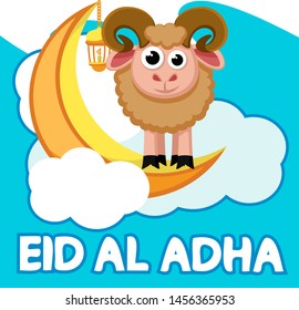 Sheep stands on the moon in the clouds. Muslim holiday Eid al-Adha.