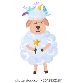 Sheep with stars, moon, magic wand and feathers on head. For kids products, bedtime themes, storybook designs.