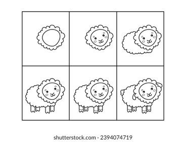 Sheep. Step by step drawing. Coloring page, coloring book page. Black and white vector illustration.