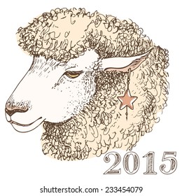 Sheep, symbol 2015. Hand drawn illustration. Vector illustration of a sheep. 