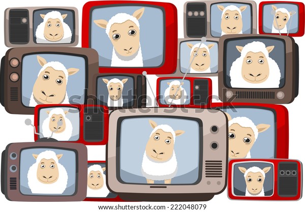Sheep in\
Television vector illustration\
cartoon.