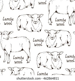 Sheep with thick fur seamless pattern, vector cloven-hoofed livestock illustration, farm animal sketch background