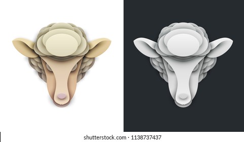 Sheep in trendy paper cut craft graphic style. Cartoon farm animal. Modern design for advertising, branding greeting card, cover, poster, banner. Vector illustration.