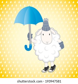 sheep with an umbrella on a yellow background