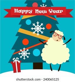 sheep under the tree looking for a gift illustration