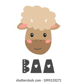 Sheep vector cartoon illustration. Cute animal poster design for greeting card, t-shirt, invitation, baby shower, birthday, room decor, print on the wall, pillow, decoration kids interior, baby wear