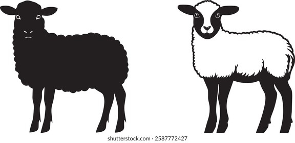 Sheep Vector Illustration: Black and White Lambs Isolated on White Background