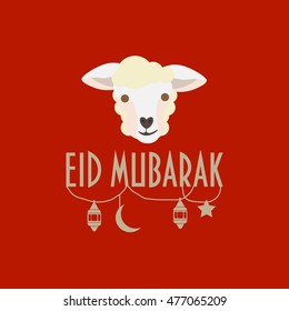 Sheep Vector Illustration with crescent moon, stars and lantern. Eid-ul-adha greeting card. Muslim community festival of sacrifice poster. Eid Mubarak template. Eid al Adha greetings.  