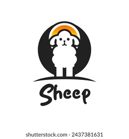Sheep vector, illustration of a sheep with a sunset behind it and a round black shadow, with sheep text and a white background.