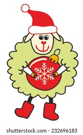 Sheep in a warm hat with gift. Christmas vector illustration 