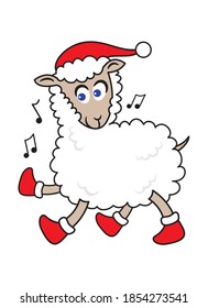 A sheep is wearing santa Claus hat. Vector illustration.