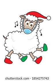A sheep is wearing santa Claus hat and mask. With red and green shoes. Vector illustration.
