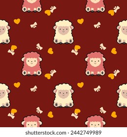 Sheep white and pink cartoon so cute. On knot heart red background. Pattern seamless vector illustration. 