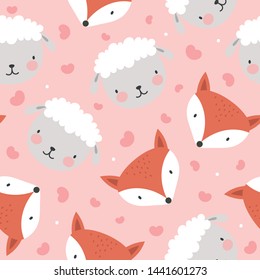 sheep and wolf seamless pattern background with heart, vector illustration, animal cartoon pattern