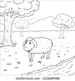 Sheep in the woods. vector outline drawn cartoon